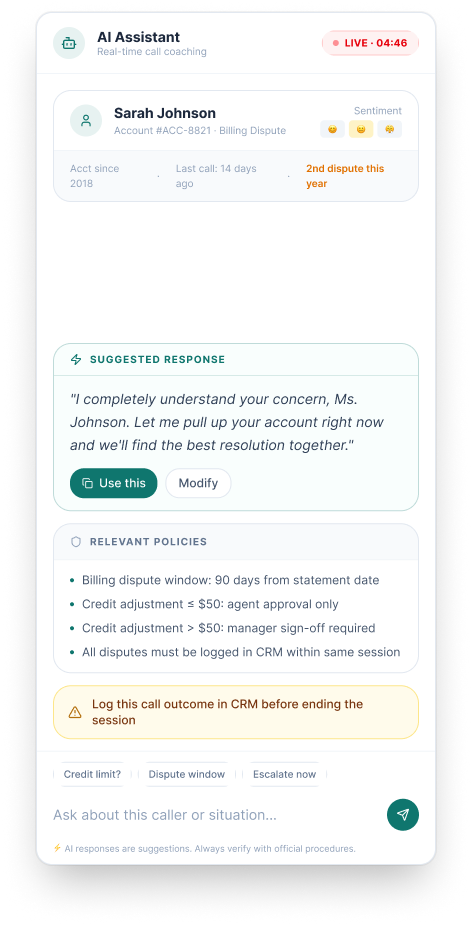 AI Assistant live call coaching mode with sentiment tracking and suggested responses
