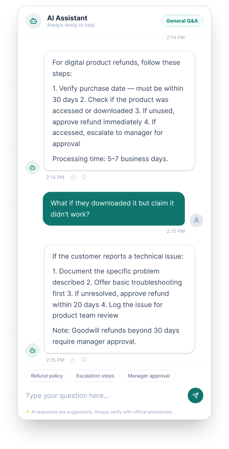 AI Assistant general Q&A mode with feedback mechanism and AI disclaimer