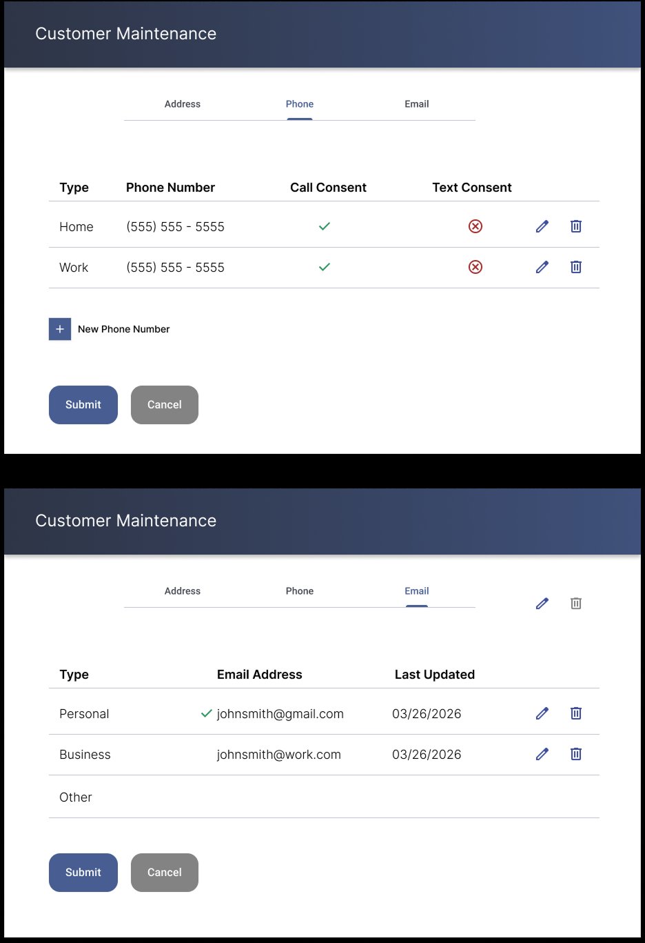 Redesigned contact management, tabbed layout separating address, phone, and email