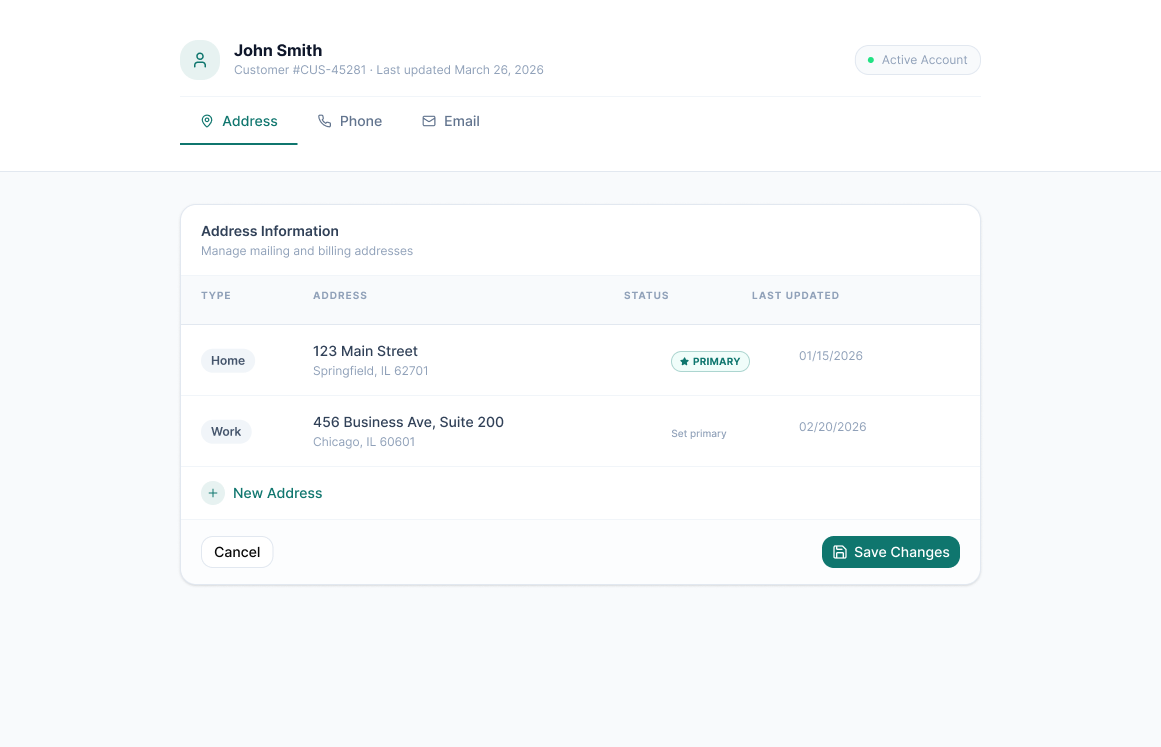 Redesigned Address tab, primary and secondary addresses with clear status