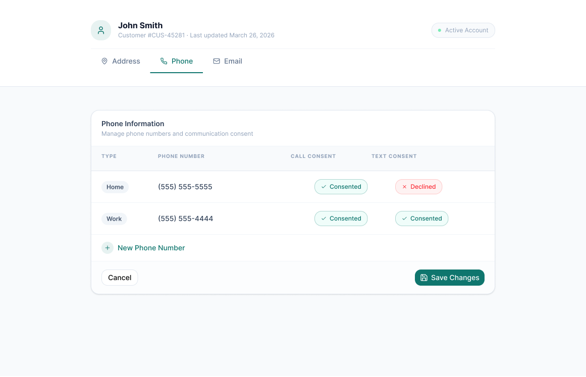 Redesigned Phone tab, call and text consent shown per number
