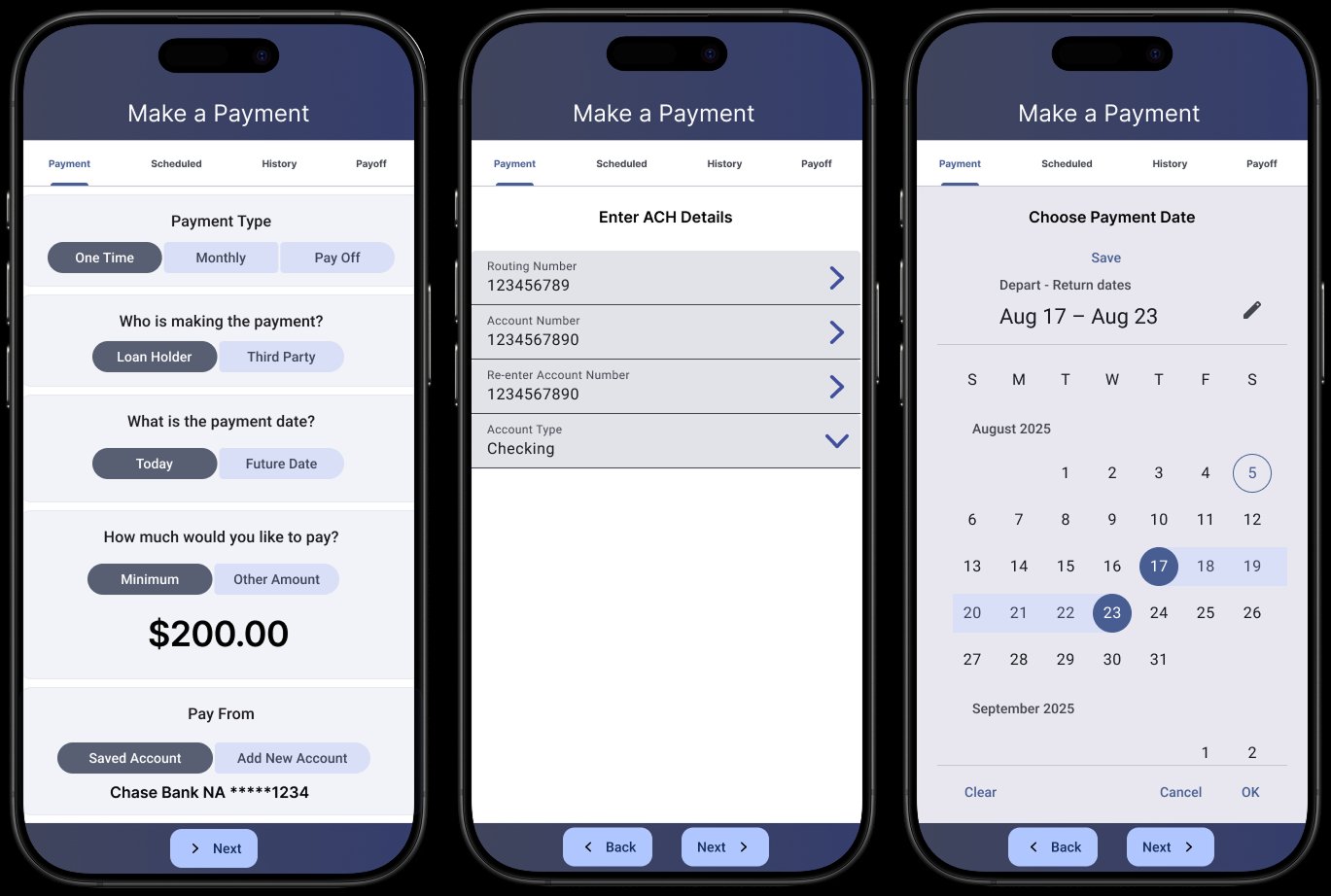 Mobile payment adaptation, three screen step-by-step flow