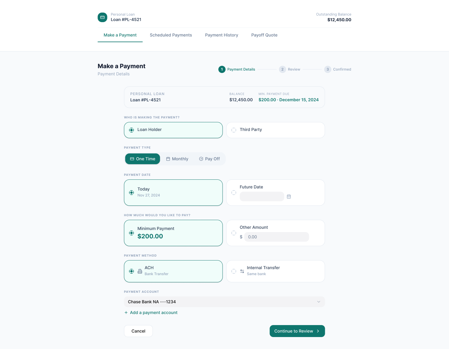 Redesigned payment details step, conversational form with progressive disclosure