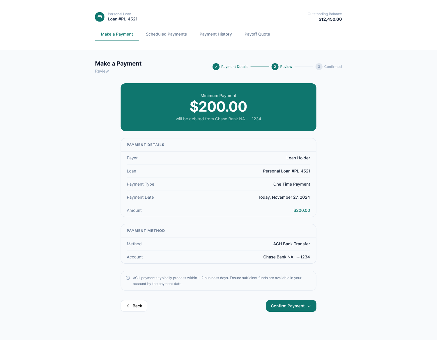 Redesigned payment review step, confirming amount and payment method before submission