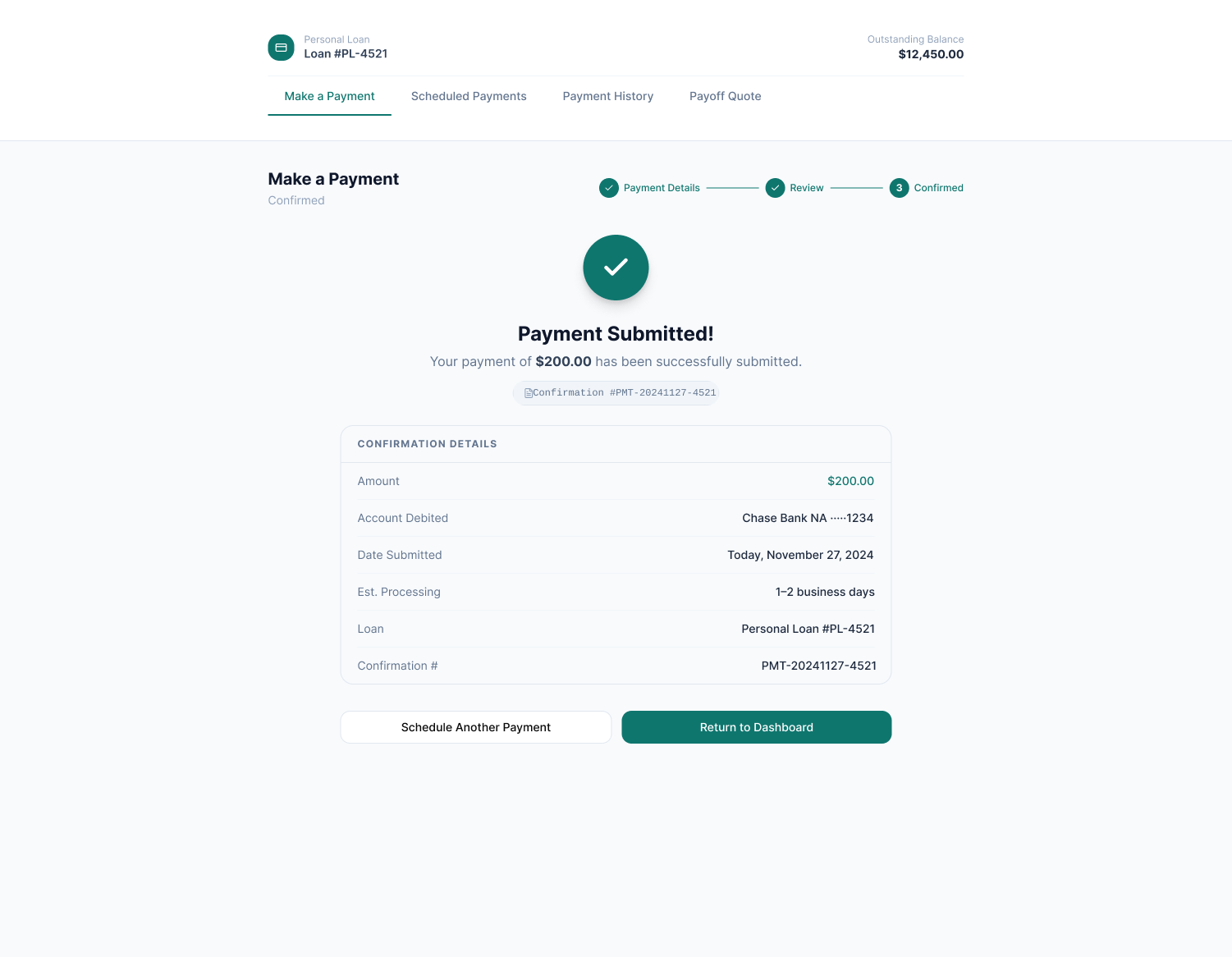 Redesigned payment confirmation step, submitted payment with confirmation details