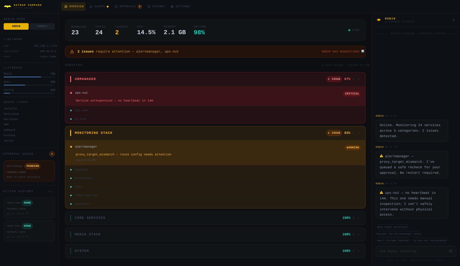 Homelab monitoring dashboard with navigation, consistent status colors, and an embedded AI chat panel
